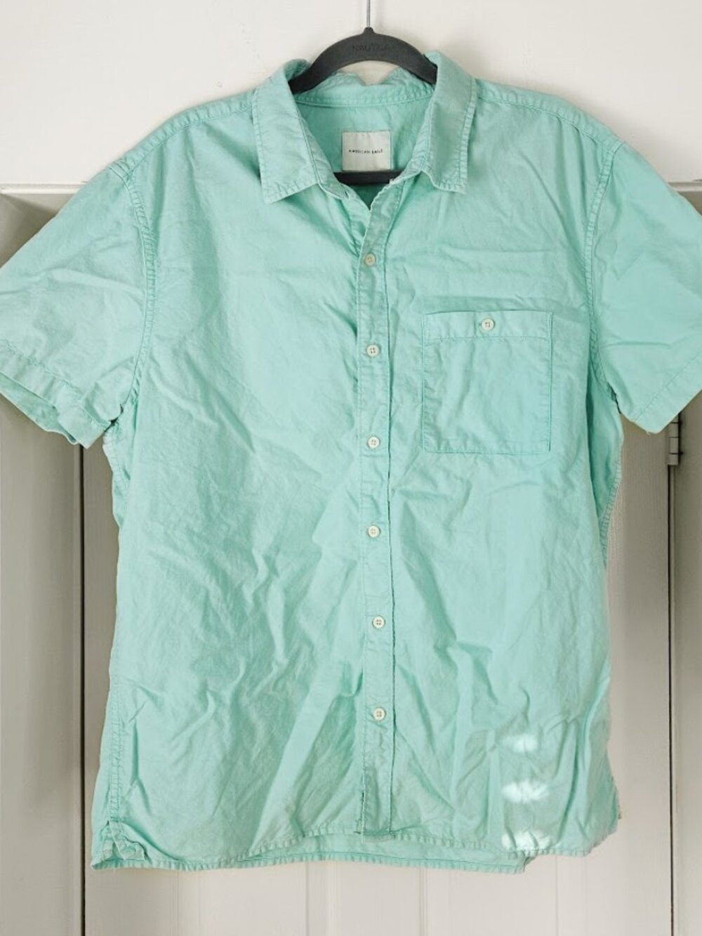 American Eagle Mint Blue Button Down Shirt Men's Short Sleeve Cotton Top XL Y2K